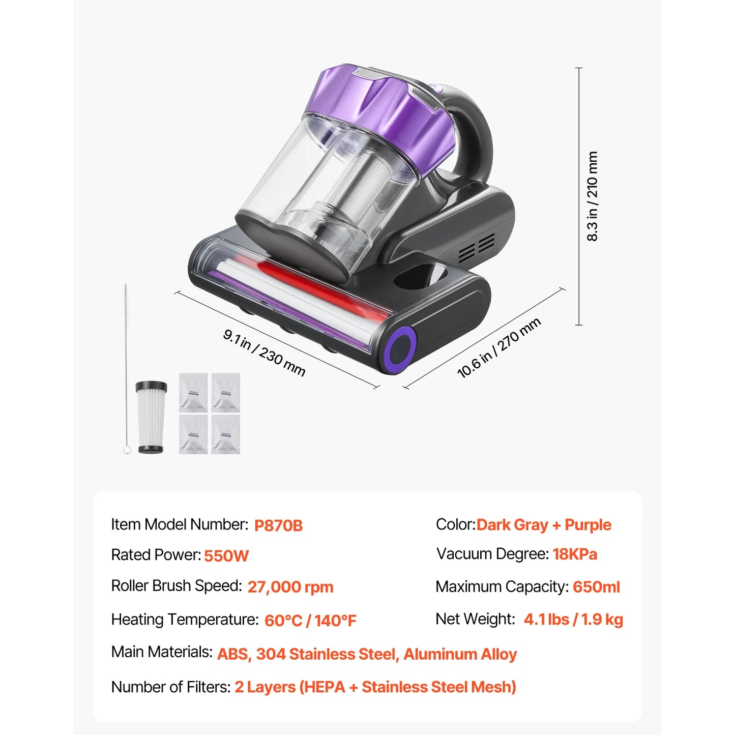 SucceBuy Mattress Vacuum Cleaner – 18Kpa, Dual Dust Bin, HEPA Filter, Heating & Ultrasound, Handheld for Bed & Sofa