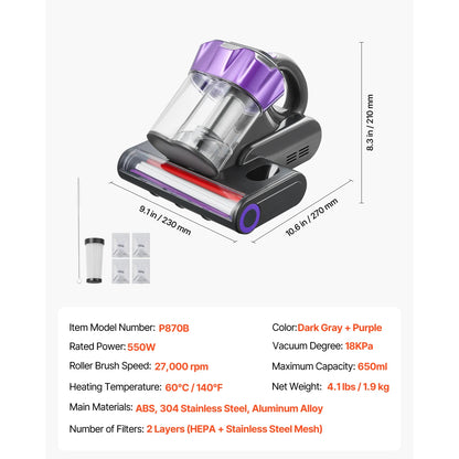 SucceBuy Mattress Vacuum Cleaner – 18Kpa, Dual Dust Bin, HEPA Filter, Heating & Ultrasound, Handheld for Bed & Sofa