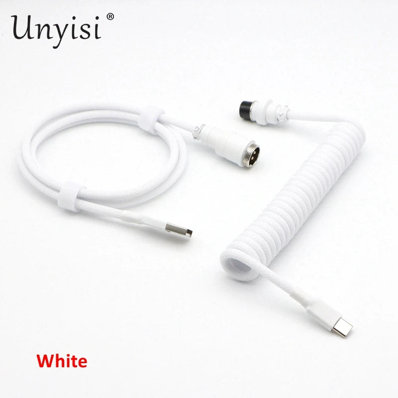 Handmade paracord and PET coiled USB-A to USB-C cable with GX16 aviator connector, designed for mechanical keyboards and computer accessories.