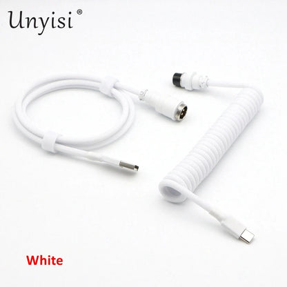 Handmade paracord and PET coiled USB-A to USB-C cable with GX16 aviator connector, designed for mechanical keyboards and computer accessories.