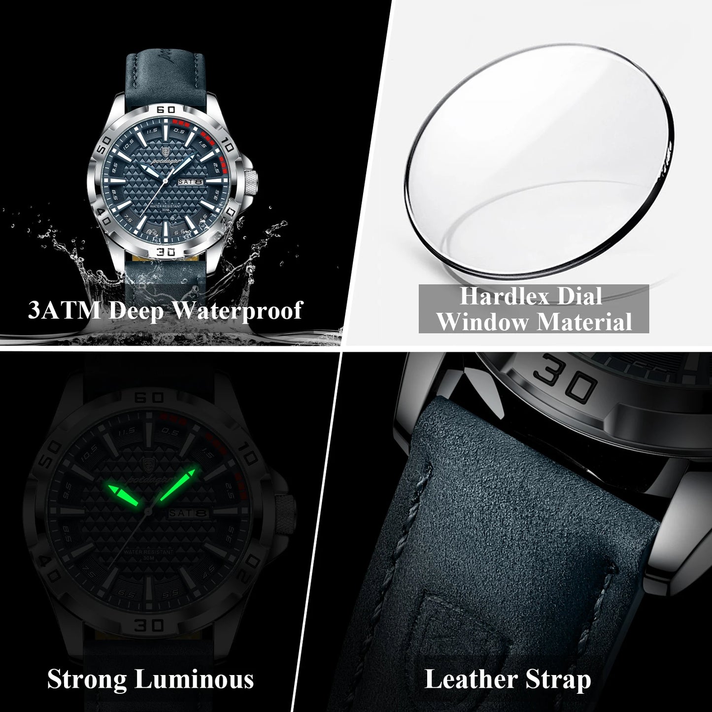 POEDAGAR Men's Luxury Wristwatch – Waterproof, Luminous, Date & Week Display, Quartz Sport Leather