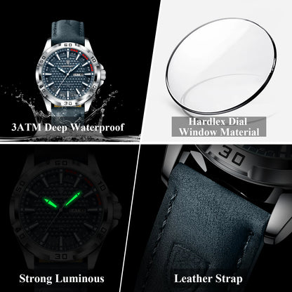 POEDAGAR Men's Luxury Wristwatch – Waterproof, Luminous, Date & Week Display, Quartz Sport Leather