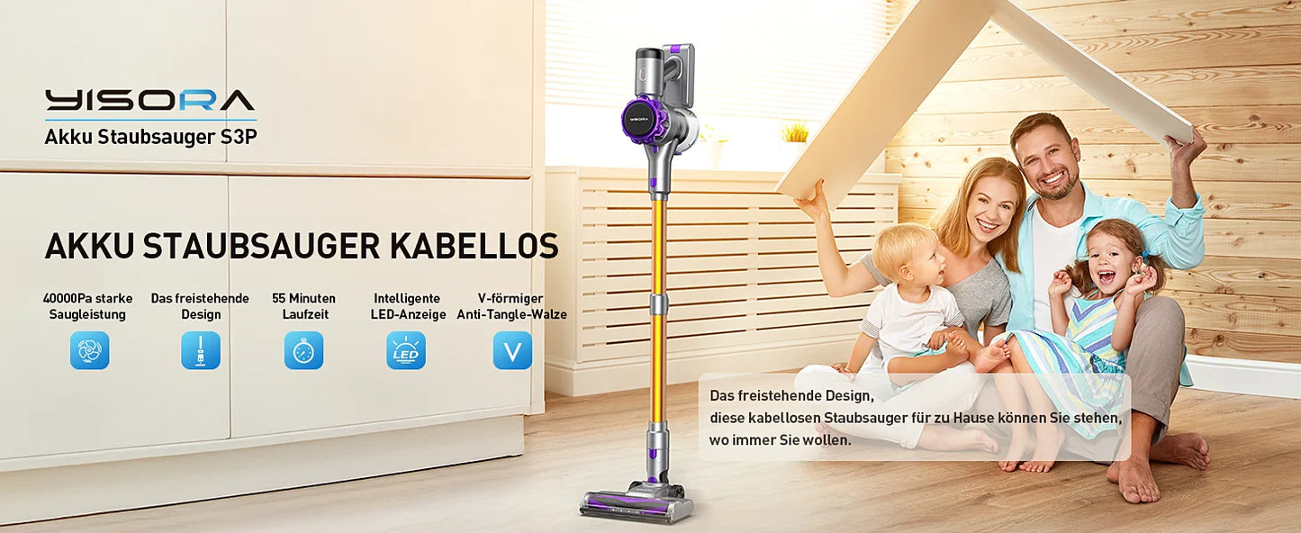 YISORA S3P Cordless Vacuum Cleaner – 40Kpa, 55 Min, Touchscreen, Pet Hair