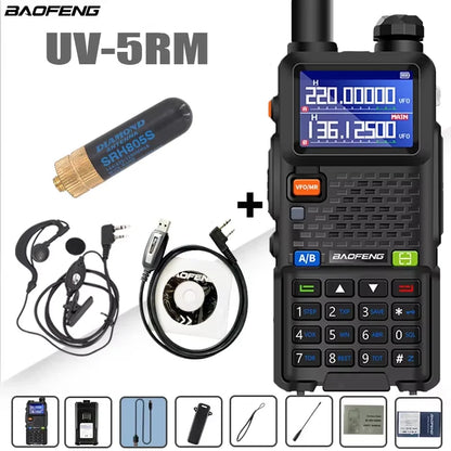 Baofeng UV-5RM walkie talkie with four-band radio, 3800mAh battery, handheld two-way radio for communication.