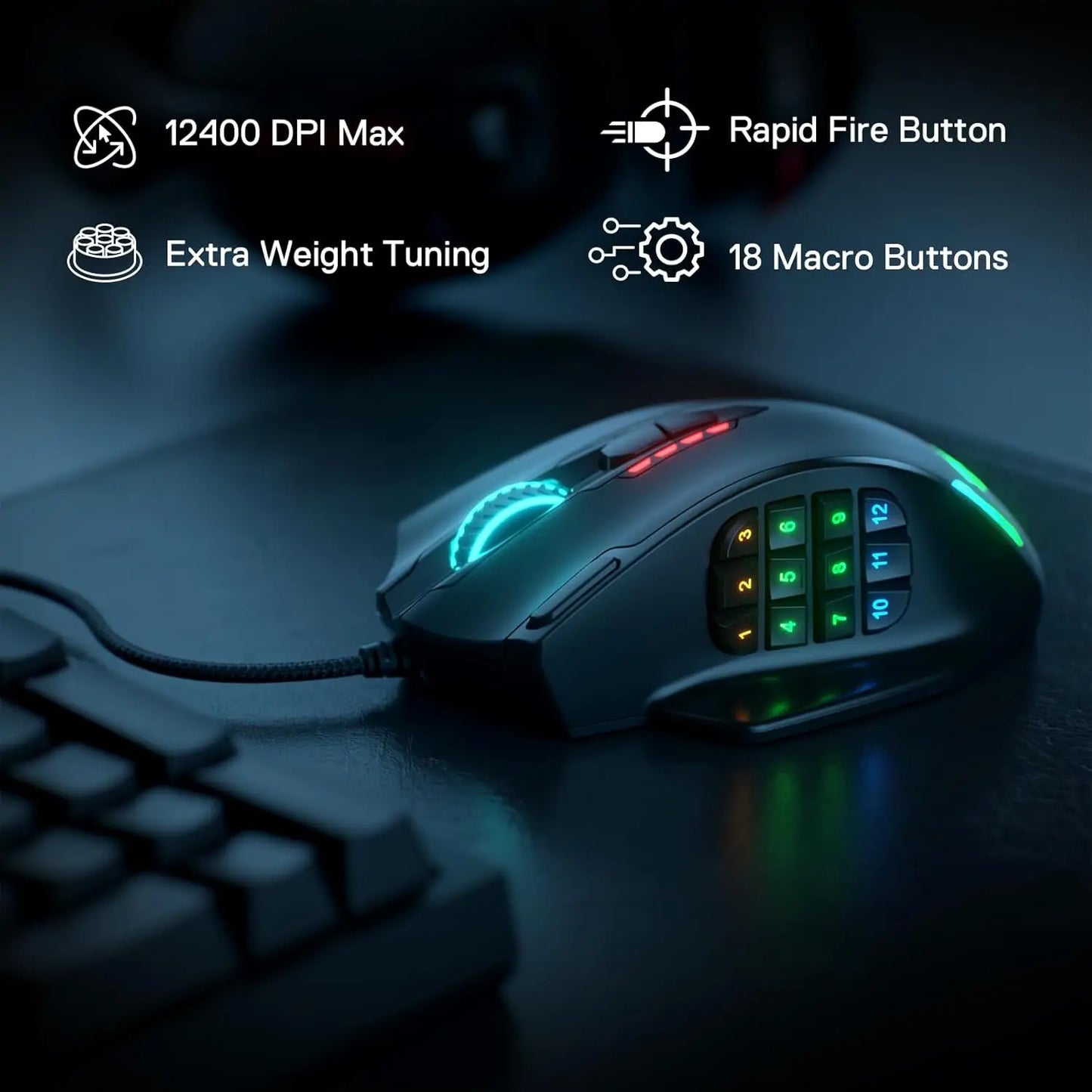 Redragon M908 Wired Gaming Mouse – 12400 DPI, 18 Buttons, RGB (Black/White)