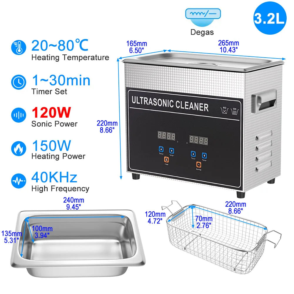 Ultrasonic Cleaner Bath 800ml–30L – Heated 35W–900W Portable Washing Machine, EU/UK/AU/US Plug