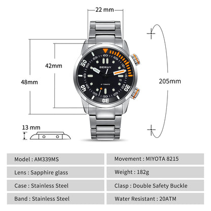 BERNY Automatic Dive Watch – Sapphire Crystal, 200M Water Resistant, NH35 Movement