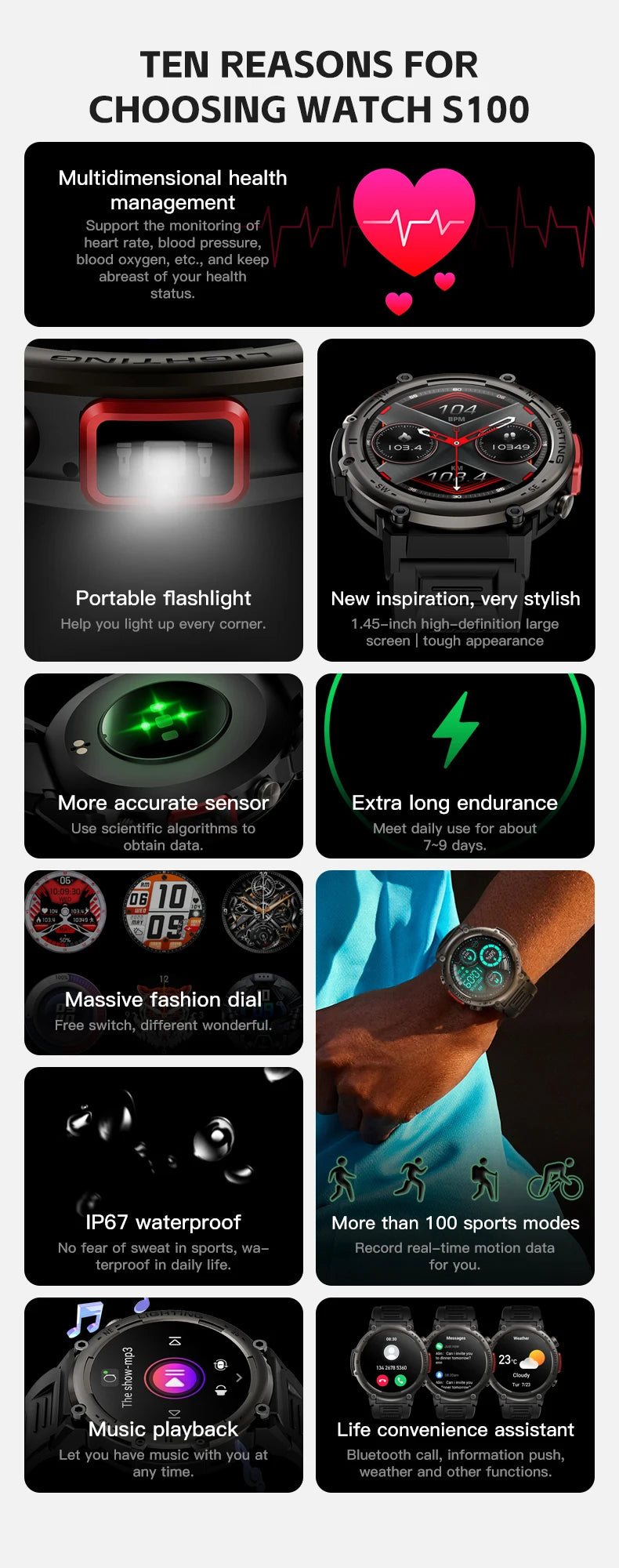 Imosi Outdoor Smart Watch with Flashlight – Sport Fitness Tracker, Blood Pressure, IP67