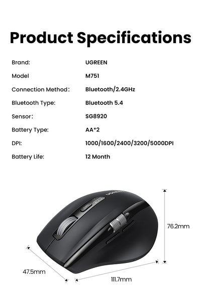 UGREEN Hyper-Fast Scroll Wireless Mouse – BT5.4 & 2.4G, 5000 DPI, Ergonomic for MacBook & PC