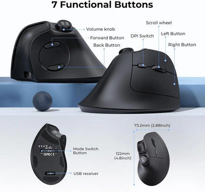 seenda MOU-302 Ergonomic Vertical Wireless Mouse | USB + Dual BT | Volume Knob | Quiet Clicks | Multi-Device