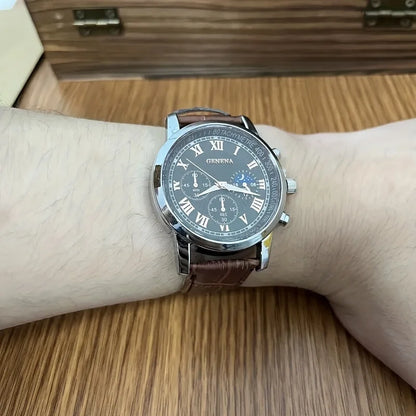 Geneva men's luxury quartz watch with leather strap, Roman numerals, water resistance, stylish jewelry accessory.