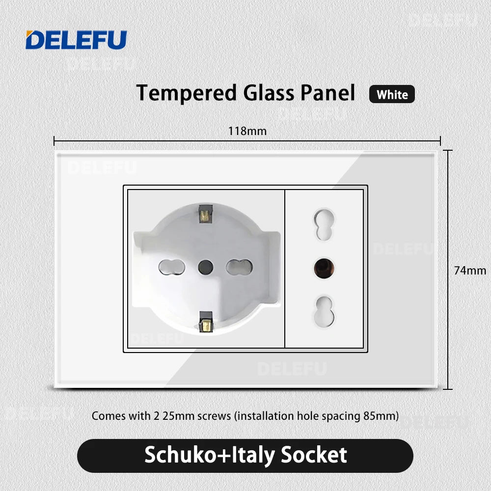 DELEFU Tempered Glass Wall Socket with USB-C Fast Charging – Schuko/Italy