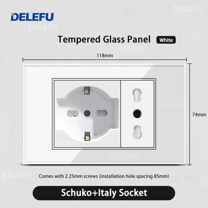 DELEFU Tempered Glass Wall Socket with USB-C Fast Charging – Schuko/Italy