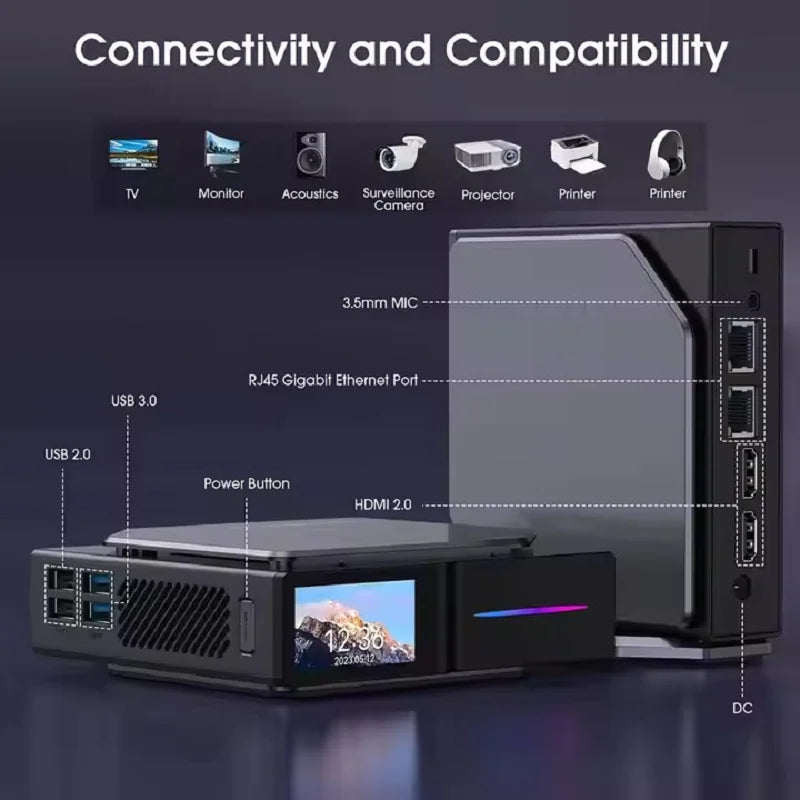 Intel N150 Mini PC by R.E.D. Shopping with LCD screen and NVMe SSD, compact desktop computer for gaming and home use.