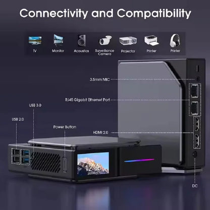 Intel N150 Mini PC by R.E.D. Shopping with LCD screen and NVMe SSD, compact desktop computer for gaming and home use.