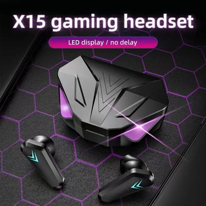 Wireless Bluetooth TWS gaming earbuds with LED display, built-in mic, noise canceling, and compact headphone design.