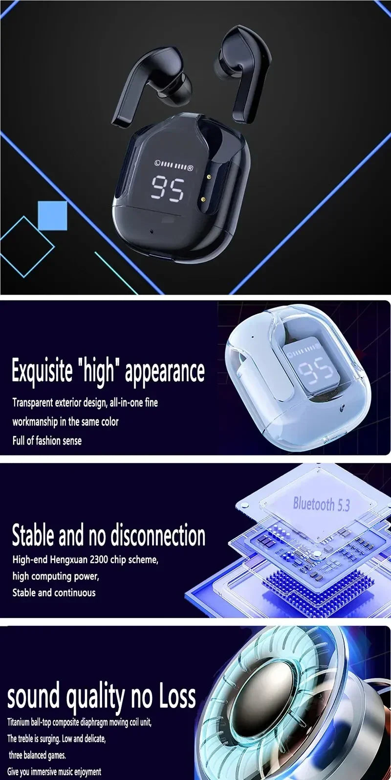 R.E.D. Shopping T2 wireless Bluetooth earphones with transparent design, LED display, and 24-hour battery life.