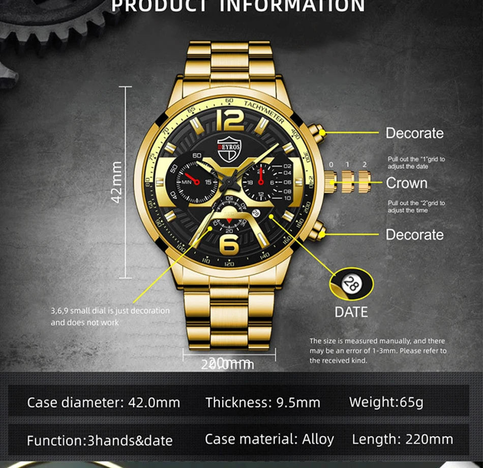 R.E.D. Shopping DEYROS 5-piece men's watch and jewelry gift set with quartz calendar watch, necklace, and bracelet displayed together.