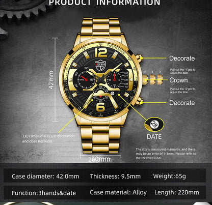 R.E.D. Shopping DEYROS 5-piece men's watch and jewelry gift set with quartz calendar watch, necklace, and bracelet displayed together.