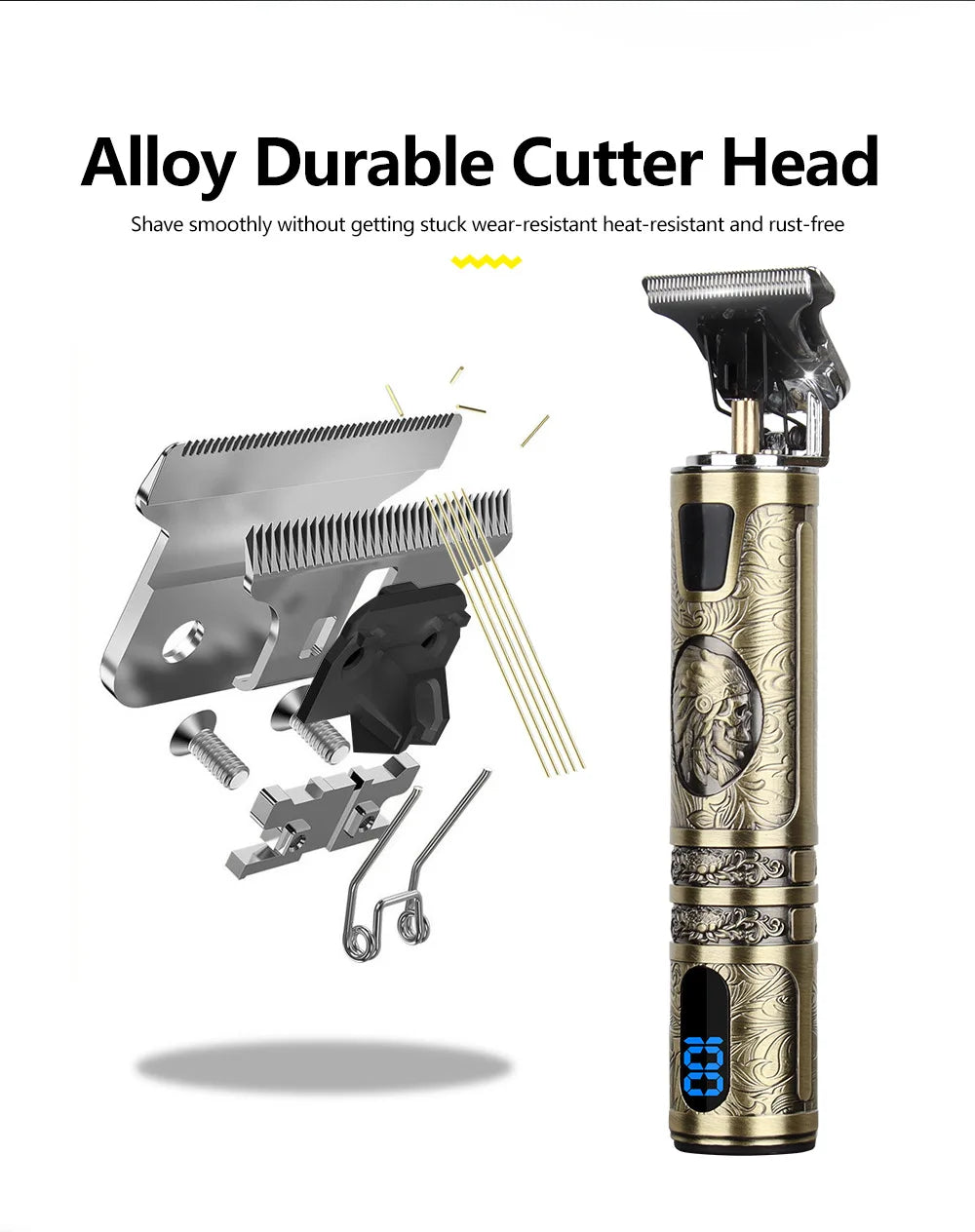 R.E.D. Shopping T9 LCD electric hair clipper with oil head precision trimmer for men, featuring a sleek design and adjustable blades.