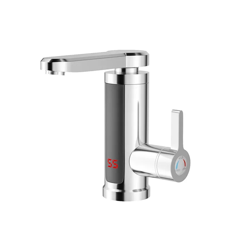 R.E.D. Shopping tankless electric water heater with digital display attached to kitchen faucet for instant hot water.