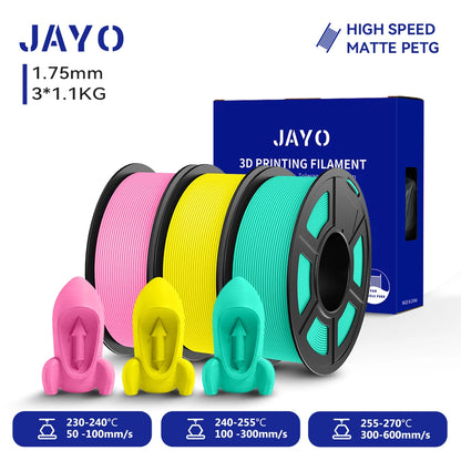 JAYO PETG/High Speed Matte PETG 3D Printing Filament 1.75MM Mix-Colors & No bubbles &Non-toxic For 3D Printer & Pen 3Rolls
