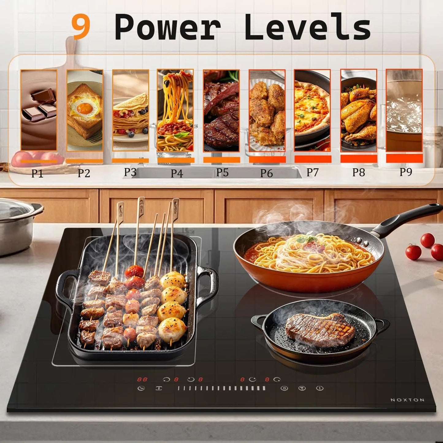 NOXTON 24" Induction Hob | 4 Burners + Flex Zone | 7200W | Power Boost | 230V
