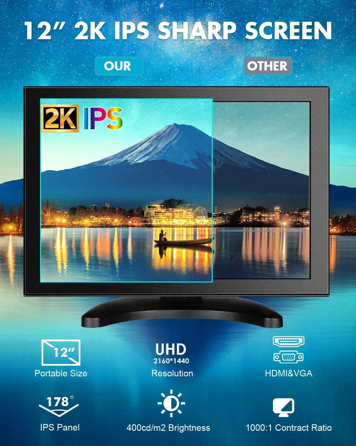 EYOYO 12" 2K QHD Monitor | 2560x1440 IPS | HDR400 | HDMI VGA | Built-in Speaker | Laptop PS4 Xbox