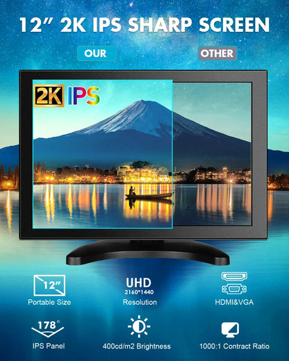 EYOYO 12" 2K QHD Monitor | 2560x1440 IPS | HDR400 | HDMI VGA | Built-in Speaker | Laptop PS4 Xbox