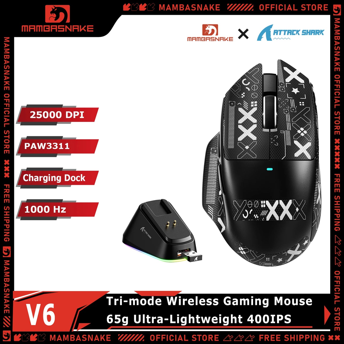 Attack Shark V6 Tri-mode Gaming Mouse – 25000 DPI, RGB, Magnetic Charging, Logitech Dual-Layer Feet