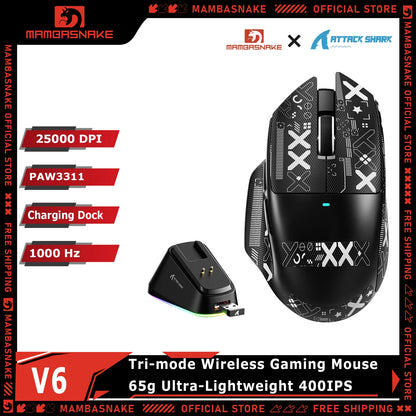 Attack Shark V6 Tri-mode Gaming Mouse – 25000 DPI, RGB, Magnetic Charging, Ergonomic