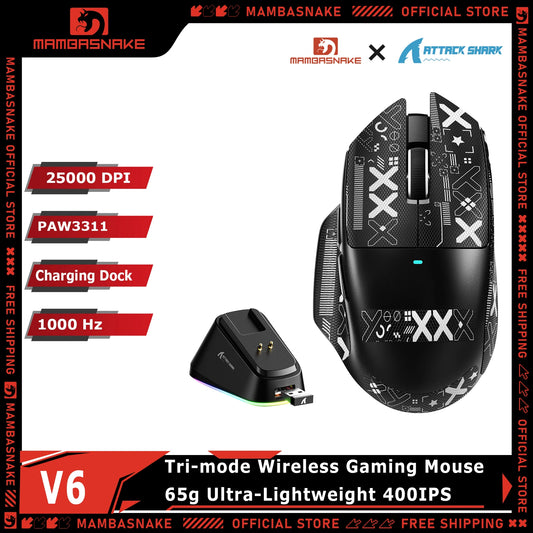 Attack Shark V6 Tri-mode Gaming Mouse – 25000 DPI, RGB, Magnetic Charging, Ergonomic