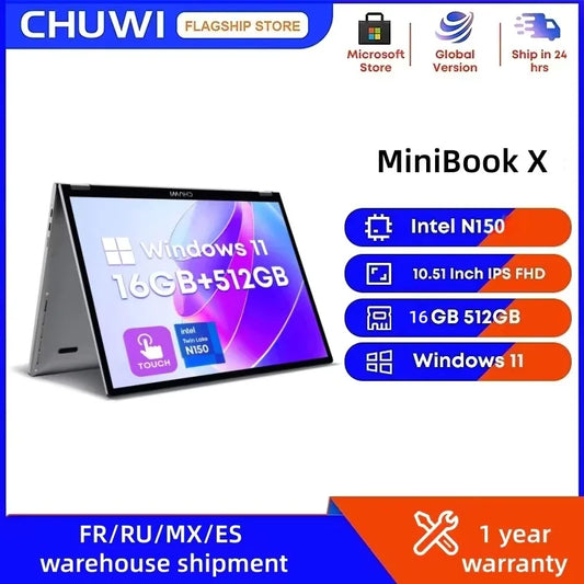 CHUWI MiniBook X 2-in-1 Tablet Laptop – Intel N150, 16GB LPDDR5, 512GB SSD, 10.51" 2K Touch, WiFi 6, Windows 11