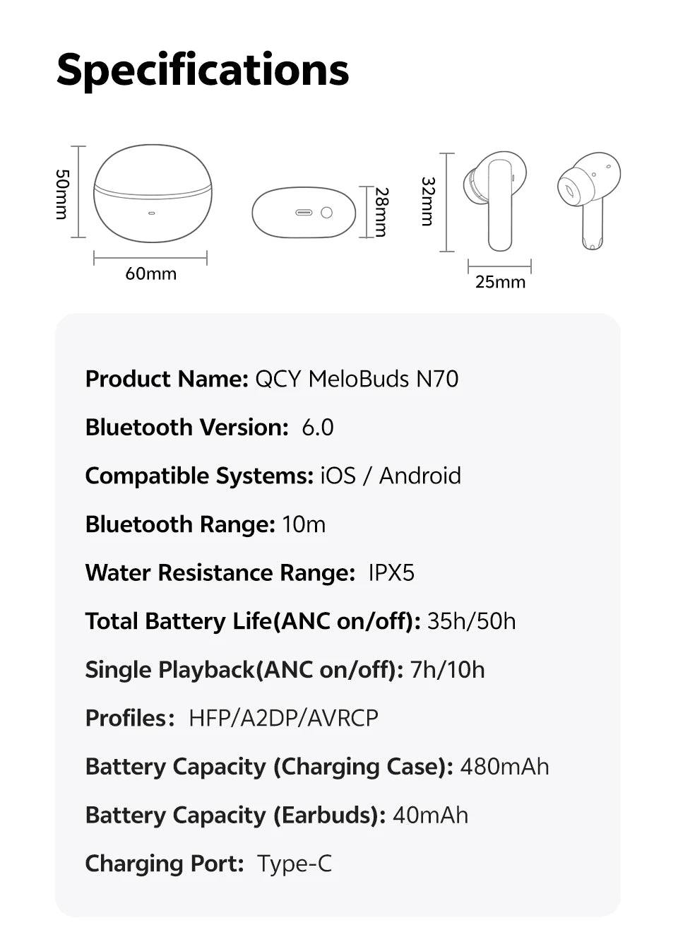 QCY MeloBuds N70 Wireless Earbuds – ANC, Bluetooth 6.0, LDAC, 50H, IPX5