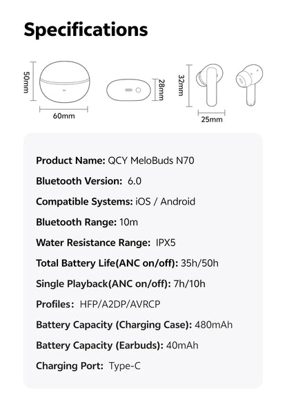 QCY MeloBuds N70 Wireless Earbuds – ANC, Bluetooth 6.0, LDAC, 50H, IPX5