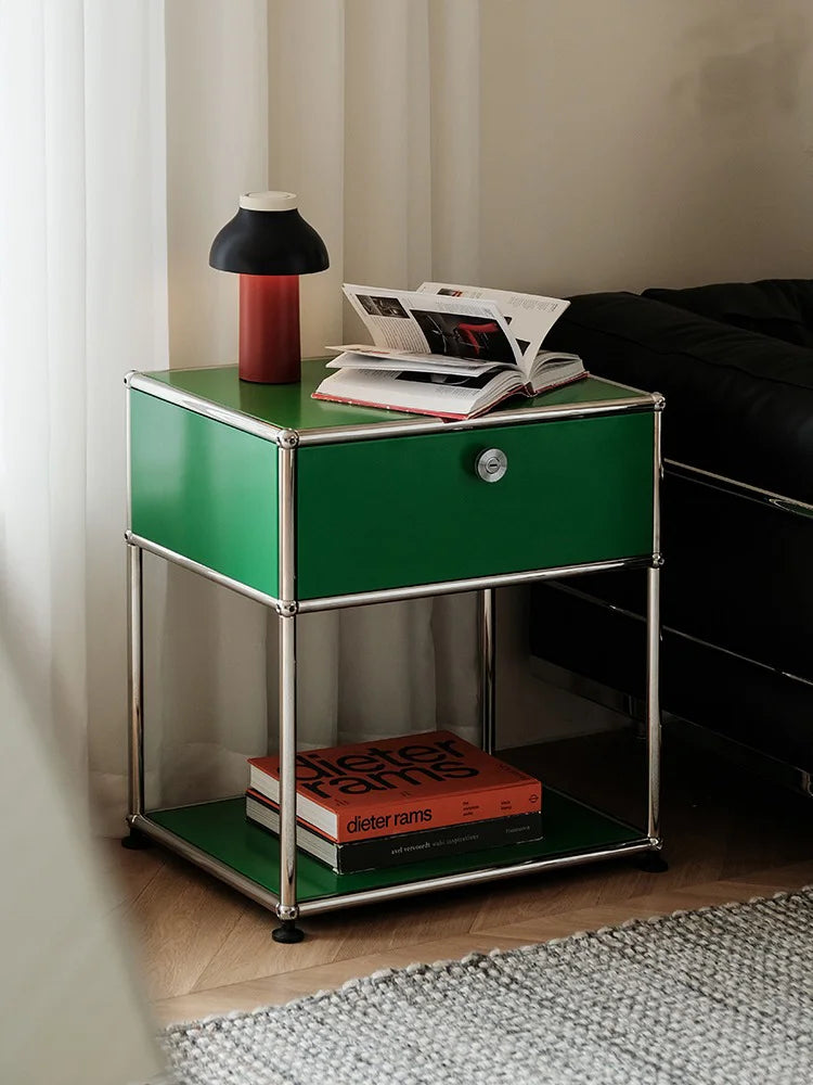 Stainless steel metal nightstands with storage cabinets, modern bedroom furniture from R.E.D. Shopping, suitable for living room or bedroom.