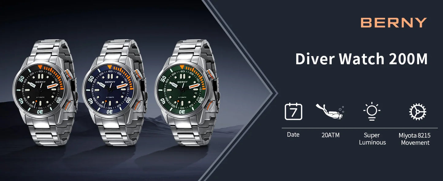 BERNY Automatic Dive Watch – Sapphire Crystal, 200M Water Resistant, NH35 Movement