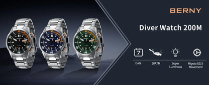 BERNY Automatic Dive Watch – Sapphire Crystal, 200M Water Resistant, NH35 Movement