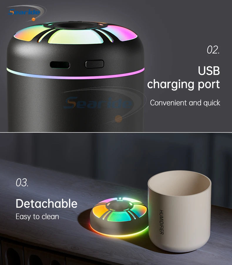 Searide Mini USB Humidifier – 180ml Ultrasonic Aroma Diffuser, Color LED, Touch Control, for Car, Home & Bedroom