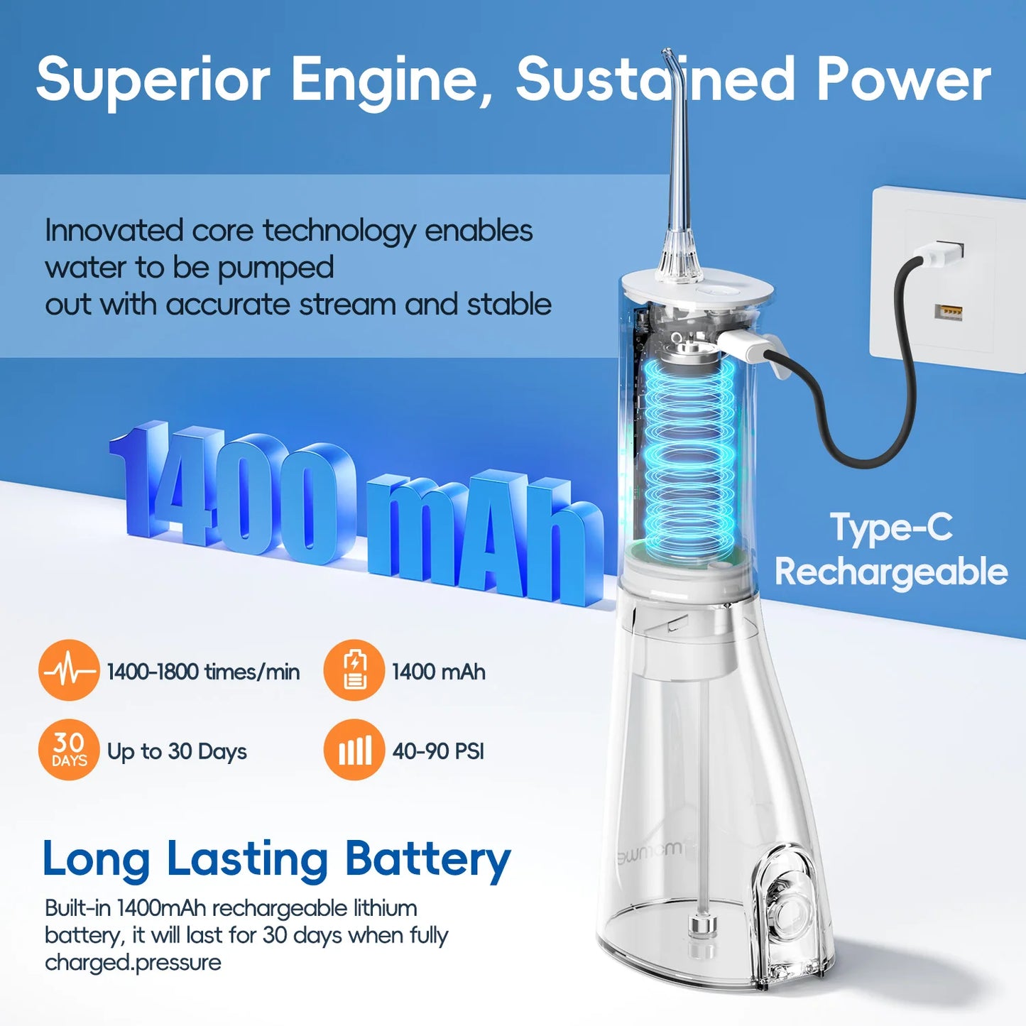 Electric Water Flosser Rechargeable | 300ml | IPX7 Waterproof | Home & Travel