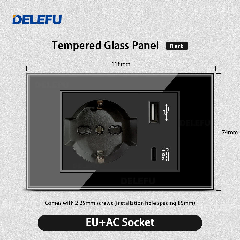DELEFU Black Tempered Glass Wall Socket – USB Type-C Fast Charging Schuko & Italy