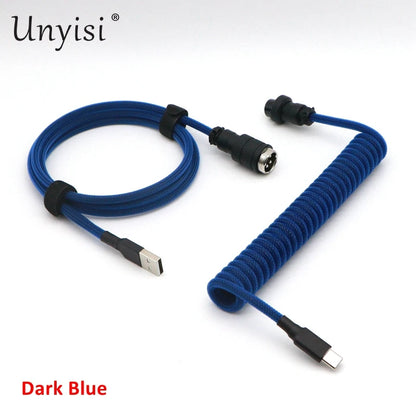 Handmade paracord and PET coiled USB-A to USB-C cable with GX16 aviator connector for mechanical keyboards, by R.E.D. Shopping.