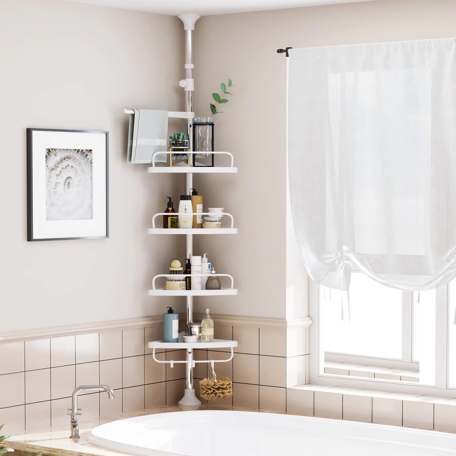 Adjustable stainless steel 4-tier shower caddy corner shelf with extendable design for bathroom storage.