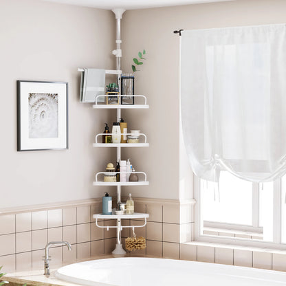 Adjustable stainless steel 4-tier shower caddy corner shelf with extendable design for bathroom storage.