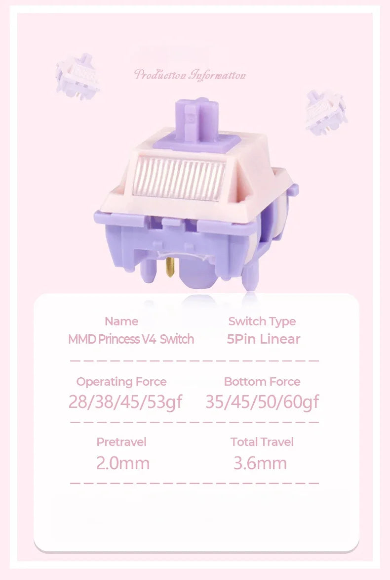 MMD Princess V4 Mechanical Keyboard Switches – 5-Pin Linear & Tactile, RGB, Lubricated, 10–110 PCS