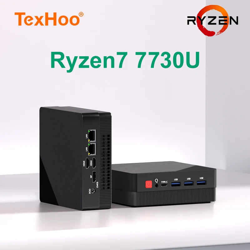 TexHoo Mini PC – AMD Ryzen 7 7730U / R5 4300U / R3 5300U, DDR4, Triple Display, Dual LAN, WiFi 5, BT 4.0