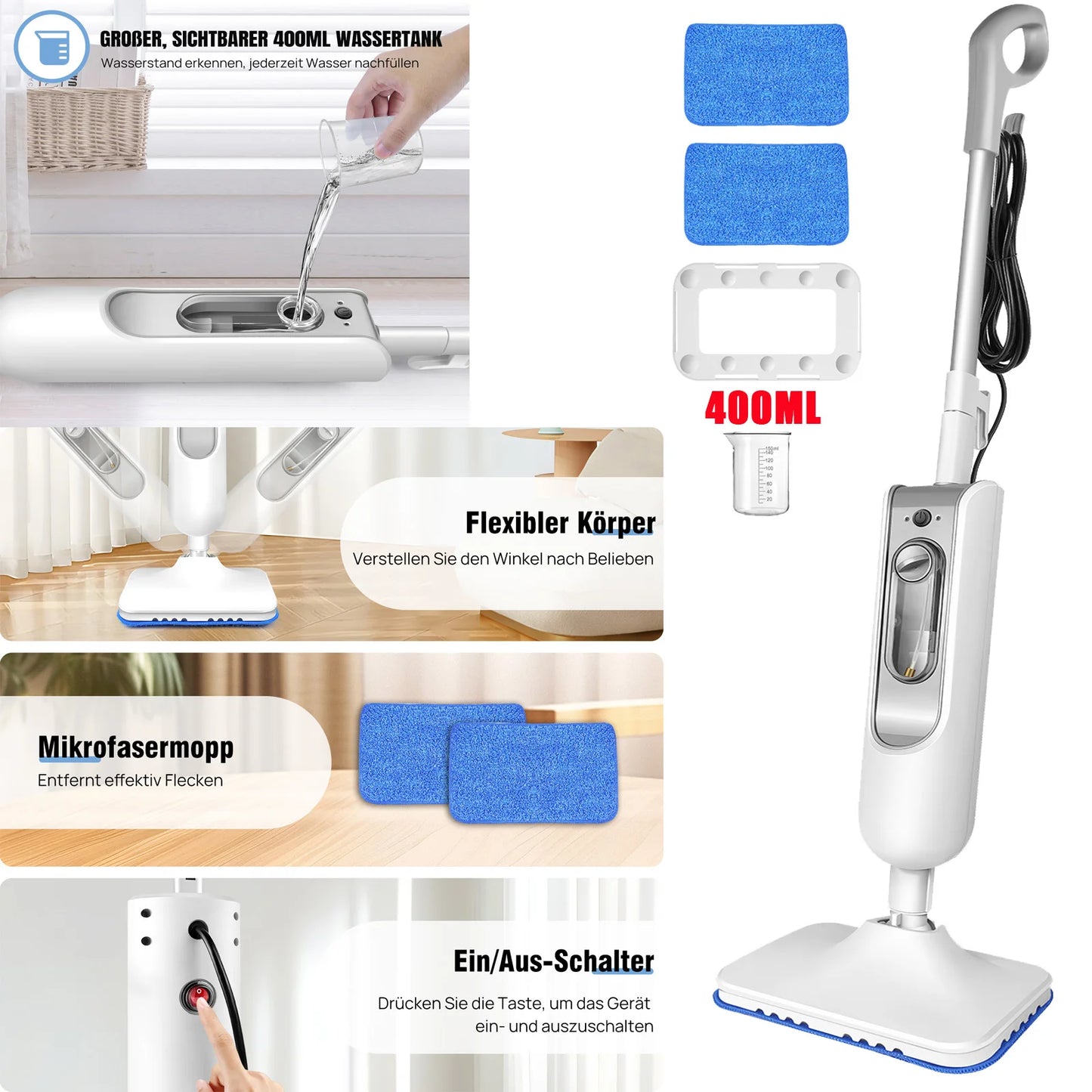 DayPlus Steam Mop & Detachable Steam Cleaner 1500W – Carpet, Laminate, Tile, Hardwood, 400ml