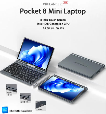 CRELANDER P8 8" 2-in-1 Mini Laptop | Intel N150 | 12GB DDR5 | Touch Screen | WiFi 6 | Win 11 | Pocket PC