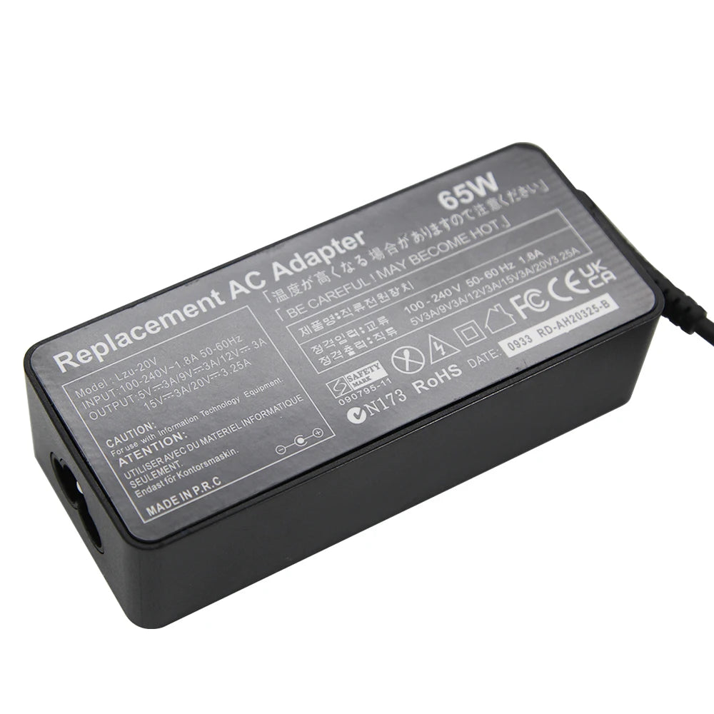 LZUMWS 65W USB-C Power Adapter for Lenovo ThinkPad – 20V 3.25A, CE/FCC/RoHS, EU/UK/US/AU/BR Plug