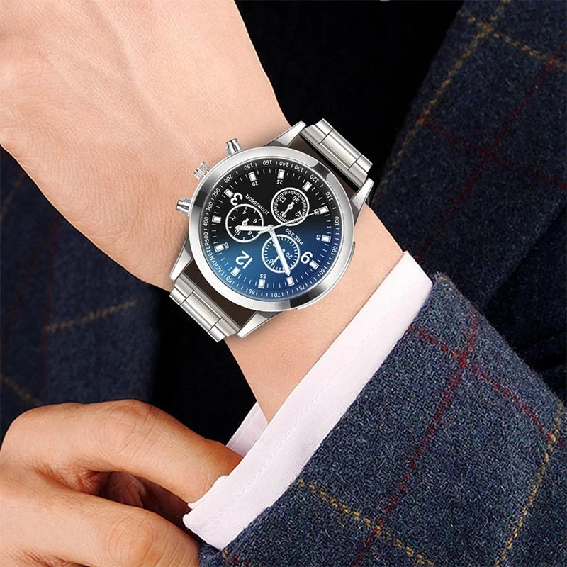 Men’s R.E.D. Shopping quartz watch with a steel band, featuring a sleek round dial, paired with a matching bracelet set.
